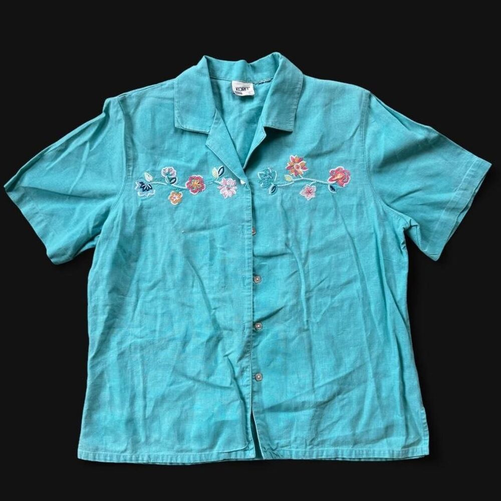 80s shoulder pad embroidered floral button up shirt